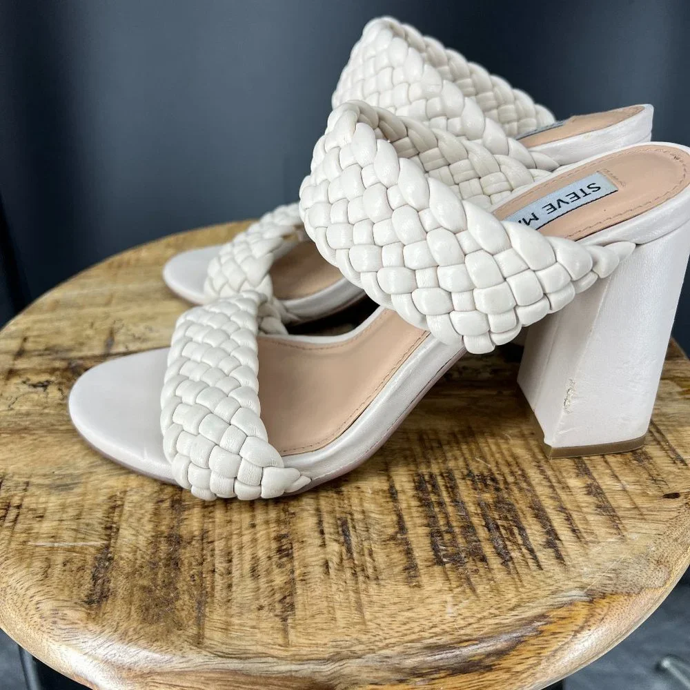STEVE MADDEN Daphnee Braided Block Heel Sandal Size 7.5M Bone